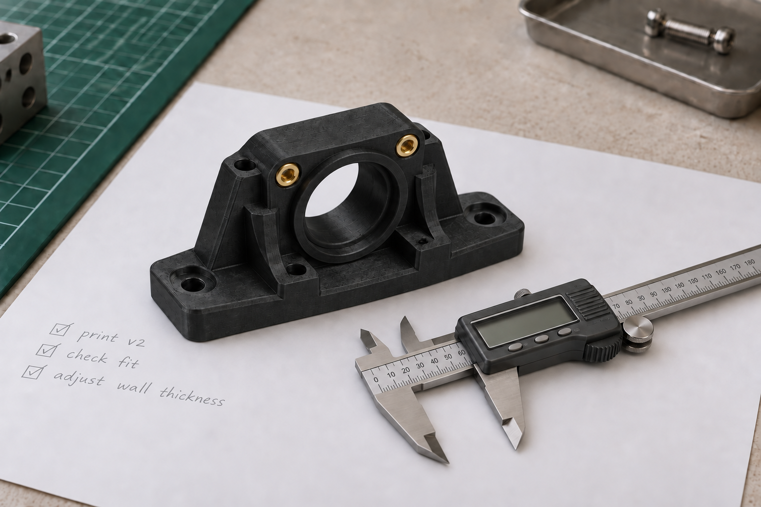 A functional black 3D-printed mounting bracket beside a digital caliper on a workshop table
