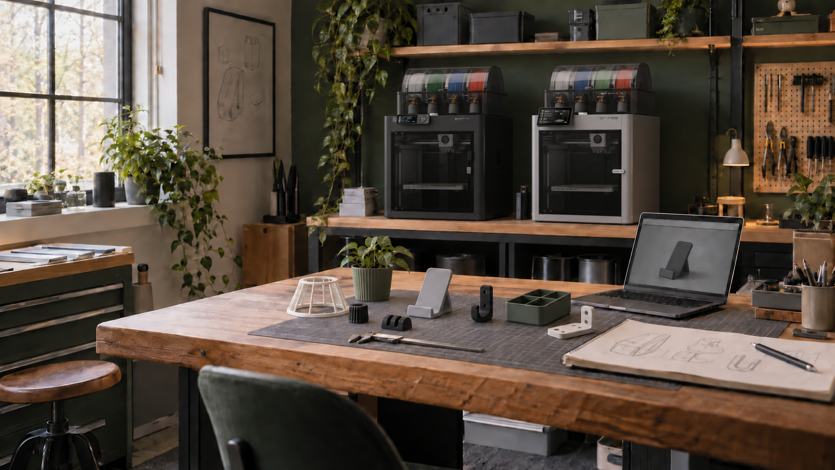 A design and prototyping studio with 3D printers, sketches, CAD work, and functional prototypes